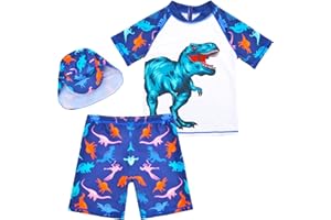 AUSLETIE Boys Two Pieces Swimsuit Set Short Sleeve Kids Rash Guard Dinosaur Boys Bathing Suit with Sun Cap for 2-6 Years