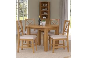 Hallowood Furniture Waverly Oak Small Light Oak Dining Table and Chairs Set 4, Round Drop Leaf Dining Table and Cross Back Chairs in Beige Fabric Seat, Home and Café Dining Table Set