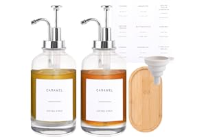 LOPYXBR 2PCS Coffee Syrup Dispenser 500ml/ 16.9oz, Glass Syrup Dispenser with Pump Silver, 500ml Syrup Dispensers Bottle with Labels and Funnel&Tray for Home, Kitchen Coffee Bar Accessories(Silver)