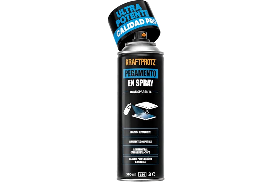 Pegamento en spray transparente 500 ml – KRAFTPROTZ agarre ultrafuerte para espuma, fieltro, cuero, madera y goma – resistent