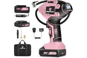 C P CHANTPOWER Tyre Inflator Air Compressor, 20V Cordless Car Tyre Pump with Rechargeable Li-ion Battery, 12V Car Power Adapter, Digital Pressure Gauge Pink
