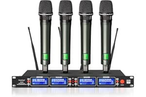 Depusheng Microphones sans fil Microphone portable sans fil dynamique professionnel 4 canaux, kit de karaoké, réception longue distance de 100 mètres, idéal pour scène fête de mariage
