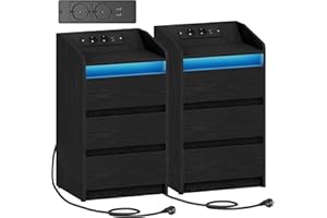 ‎HZUANERI Hzuaneri Nachttisch 2er Set mit 3 Schubladen, Beistelltisch mit Ladestation und LED, 2 AC-Steckdosenund 2 USB-Anschlüsse für Schlafzimmer, Wohnzimmer, Schwarz NS40104X
