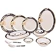 36 Piece Melamine Dinnerware Contemporary Flower Print Design Set, Shatterproof, Lightweight, Artisanal Double Bead Plates & Bowls, Solid Reactive Glazes Dinner (Purple & Orange)
