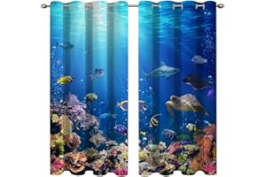 goodbath Blackout Curtains for Bedroom, Underwater Ocean Sea Life Animal Tropical Fish Eyelet Curtains for Kids Living Room Nursery, 2 Panels, 46" x 54"(117x138cm) Drop,Bright Blue