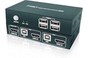 GREATHTEK HDMI KVM Switch Conmutador USB 2 Puertos, 4K@30Hz Switcher,4 USB 2.0 Hub,2 PC 1 Monitor,YUV 4:4:4, Ultra HD,con Cable,Compatible con Windows10/Vista/Linux/Unix/Mac,/Ubuntu/Fedora etc