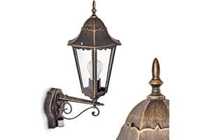 HOFSTEIN Lampada da parete per esterni Hongkong, rilevatore di movimento, lampada verso l'alto in stile antico, in fusione di alluminio marrone/oro, vetro, per terrazza/giardino, E27, retrò, senza lampadina/e
