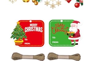 PLUSHCEWT Lot de 100 étiquettes de Noël pour cadeaux de Noël, petites étiquettes cadeaux de Noël avec ficelle de jute, étiquettes cadeaux de Noël en papier pour emballage cadeau