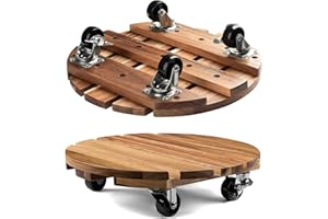 CHAMSUREUK 2 Pack 30CM-12 Inch Plant Caddy Wood Plant Stands with Wheels Plant Pot Trolley with Metal Lockable Caster Wheels Heavy Duty Rolling Plant Stand (Wood - Round)