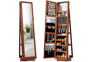 COSTWAY Armadietto Portagioielli Autoportante Girevole con Specchio, Specchio a Figura Intera Organizzatore per Gioielli, Porta Richiudibile a Chiavi, 161x39x39cm (Marrone, 39 x 39 x 161 cm)