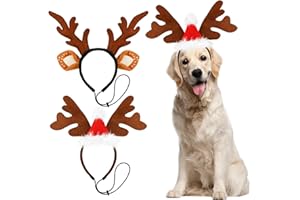 QKURT 2 PCS Dog Elk Reindeer Antler Headband with Santa Hat, Pet Christmas Reindeer Antlers Headband with Adjustable Elastic Band, Xmas Elk Headwear Pet Costumes Accessories for Medium Large Dogs