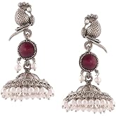 Zaveri Pearls Purple Peacock Silver Oxidised Stones & Beads Traditional Jhumki Earring For Women-ZPFK16699