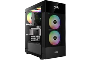 ‎GAMDIAS GAMDIAS Aura PC-Gehäuse, ATX-Gaming-Computergehäuse, Mid-Tower, Digitalanzeige, gehärtetes Glas, Airflow-Mesh, vorinstallierter 3 x 120 mm FRGB-Lüfter, Schwarz