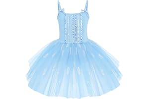 IWEMEK Robe Ballet Fille Tutu Danse Classique Sans Manches Bretelles Spaghetti avec Nœud Papillon Tulle Paillettes Plume Justaucorps Gymnastique Costume Ballerine Princesse Une Pièce 3-10 Ans