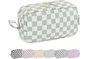 NARWEY Small Toiletry Bag, Small Wash Bag, Cute Checkered Makeup Bag, Make up Bag with Organized Pockets, Travel Cosmetic Bag for Women (Mint Green Checkerboard-1, Large)