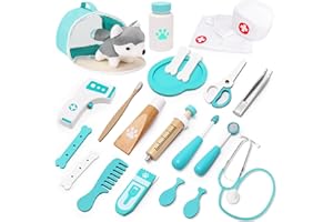 TGTT Maletin Medicos Juguete, Maletin Veterinario de Madera Perro de Peluche, Maletin Medico con Bata y Gorro de Doctor, Doctora Juguetes para Niños Niñas 3 4 5 Años