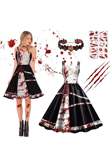 Halloween Kostüm Damen - Blutige Zombie Braut, Gruseliges Brautkleid Mit Ärmeln