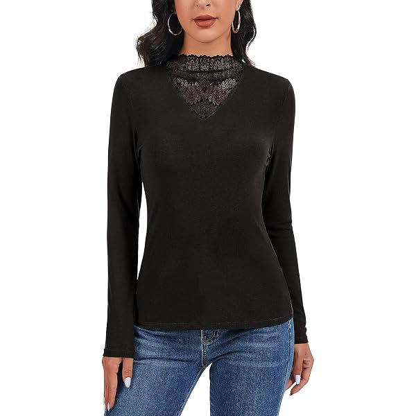 WOWENY Maglietta Donna A Collo Alto Con Pizzo | Maniche Lunghe, Elastica, Aderente, Top Elegante - Tinta Unita