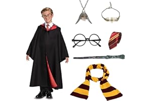 MPROCEN Wizard Cloak Magic Robe Costume, Adult KidsWizard Fancy Dress Cloak Robe Costume, Wizard School Robe Wand Tie Scarf Glasses Necklaces and Bracelets Magical Costumes for Men Women