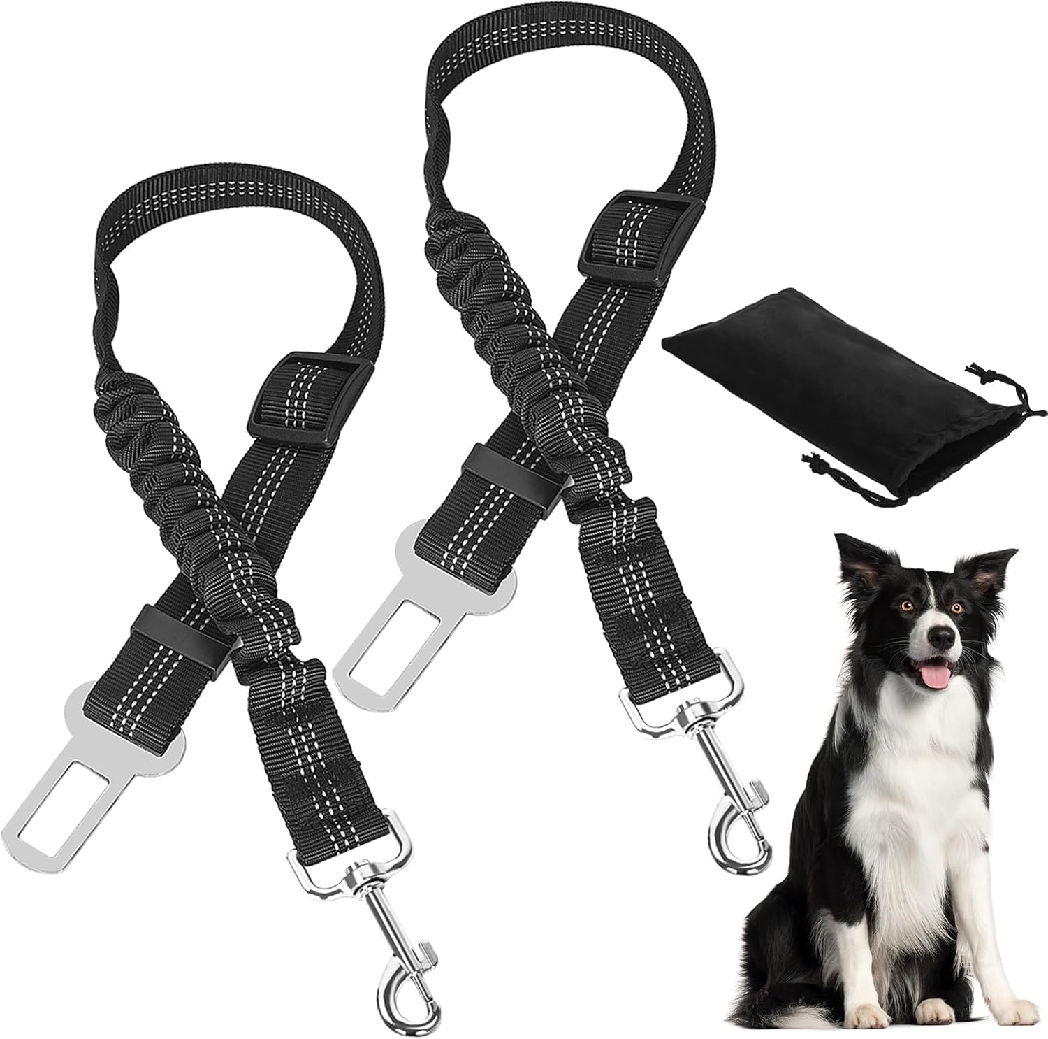 DATEFUN Cinturon Seguridad Perro Coche con Elástico - 2 Piezas Correa Perro Coche Ajustable con Bolsa de Almacenamiento, para Todas Las Razas Perros y Gatos (50-88cm)