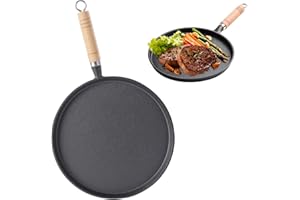 KUNAXKU Gusseisesenfanne Induktion Grillpfanne, Poêle en fonte Gusspfanne mit Holzgriff, Runde Pfanne Gusseisen, Kleine Steakpfanne Gusseisen Bratpfanne für Gasgrill, Gaz, Camping Outdoor Kochen (26cm)