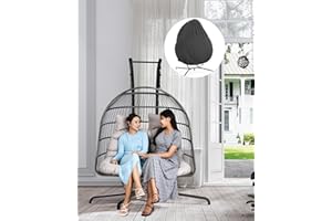 MOJIA Double Swing Egg Chair with Stand, 2 Person Wicker Hanging Egg Chair Outdoor Indoor, 550lbs Capacity Hammock Chair Loveseat with Cushion Cover for Patio, Garden, Backyard, Poolside