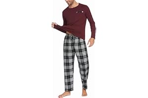 Ekouaer Herren Schlafanzug Lang Pyjama Baumwolle Langarm Shirt mit Tasche Pyjamahose Zweiteilig Set Nachtwäsche