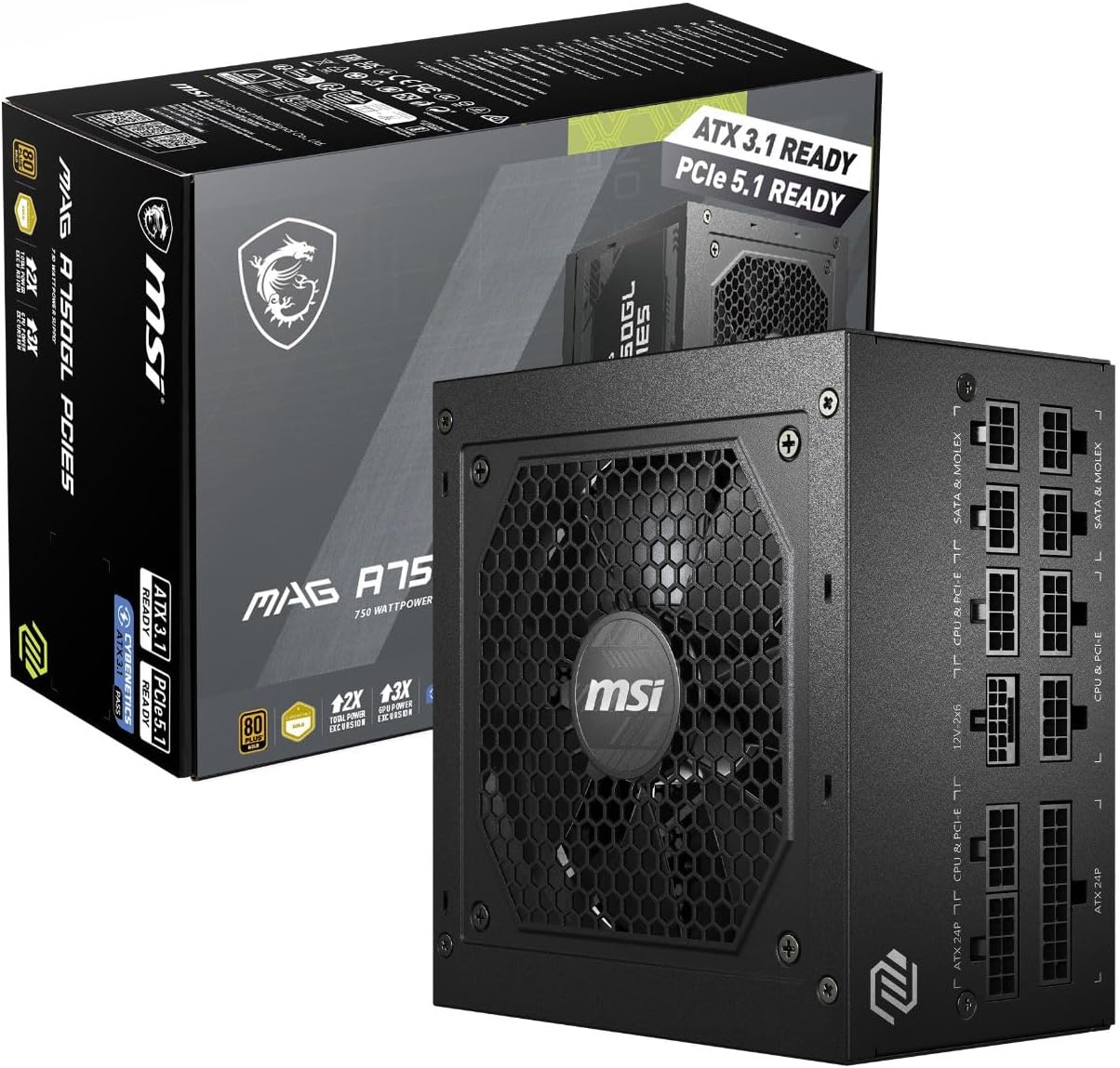 MSI MAG A750GL PCIE5 Power Supply Unit, 750W, 80 Plus Gold, Fully Modular, ATX 3.0, PCIe 5.0 GPU Support, 120mm FDB Fan, Full-Bridge LLC, Flat Black Cables - 7 Year Warranty