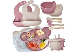 Hoidokly Baby Teller Kindergeschirr Sets, 14 Stücke Silikon Baby Geschirrset Mit Saugnapf Rutschfest Babyteller Schüssel mit Lätzchen Löffel Gabel BPA Freie Babygeschirr, Zwillinge Zwei Farbsets