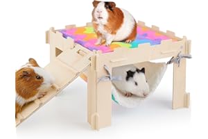 BeBeJoJo Mehrstöckiges Meerschweinchenschloss aus Holz mit Hängematte und Rampe, Hamster Haus für Kleintiere und Käfigzubehör