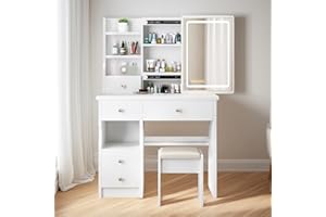 YuYe Schminktisch mit LED-Beleuchtung, Spiegel einstellbare Helligkeit, Schminktisch mit Hocker，Frisiertisch mit 5 Schubladen und 3 Ablagen, Modern Kosmetiktisch aus Holz Weiß (T68)