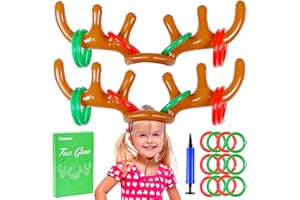 Faburo 12 PCS Christmas Party Toss Game Set Inflatable Reindeer Antler Hat, Christmas Stocking Fillers with 12 Inflatable Rings 2 Antler for Kids Adults Christmas Eve Box Fillers Family Fun Games