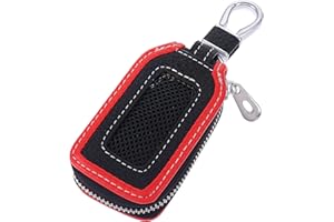 PRASACCO Prasacc Etui na klucze samochodowe, skórzane etui na klucze Przenośne etui na klucze samochodowe Etui na kluczyk samochodowy z zamkiem błyskawicznym i zatrzaskiem - 8 x 4.5 x 1.8 cm (czarny, czerwony)