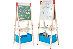 ‎COSTWAY COSTWAY 3 in 1 Staffelei Kinder, doppelseitige Kindertafel höhenverstellbar mit Whiteboard & Kreidetafel, Standtafel inkl. Papierrolle, Zahlen, Kreiden & Farbstift, für Kinder ab 3 Jahren