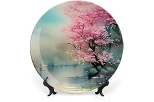Gokays Decorative Plates for Wall Hanging, Blush Pink Cherry Blossoms Tree Ceramic Plate, Wobble-Plate with Display Stand, Home Decor for Kitchen Cabinets, Farmhouse Round Tray 20 CM