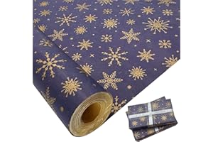 MJNEDY Rouleau de papier cadeau pour Noël : grande taille 76 cm x 12 m, papier kraft bleu imprimé avec flocon de neige pour emballage cadeau