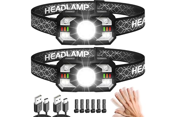 Opladdbar LED Pannlampa, 2 Pack 2000 Lumen Superljus Sensor-Pannlampa Med 10 Ljuslägen, IPX5 Vattentät & Lättviktsmodell, Per