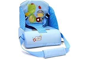 Asalvo BOOSTER CUSCUS Trona de Viaje Portatil para bebés, Asiento elevador para comer, Plegable, Arnés de seguridad, Bolsillo incorporado, Respaldo 25 cm, Desde 6 meses hasta 15 kg, Camaleón Azul