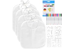 faburo 12PCS Bavoir pour Bébé Blanc à Peindre,12 Marqueurs Textile et 5 Pochoirs de Peinture, Bavoirs Imperméables Drool, Idéal pour Décorer et Peindre