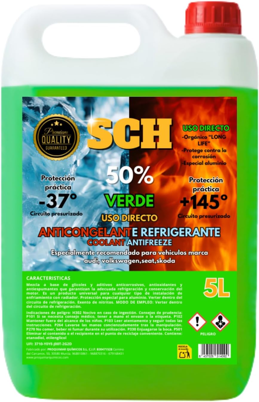 Proquimar Anticongelante 50% (-37ºC) Color Verde Luminoso. Garrafa de 5 litros