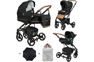 EMJOT Poussette Trio 3 en 1 Neri Noir - Pack "Toute saison" avec ombrelle et chancelière – Landau, poussette promenade, siège auto Groupe 0+ - Livrée avec ses accessoires.