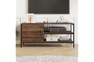Novilla 110cm TV Stand Cabinet for 50 Inch TV, 2 Tier TV Cabinet with Open Storage, Metal Frame, Adjustable Shelf & table legs, Anti-scratch & Waterproof Desktop, Walnut, 110x40x50cm