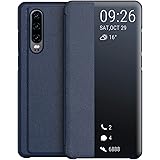 KANSI Cover Compatibile con Huawei P30, Flip Pelle Smart View Custodia + Vetro Temperato - Marino