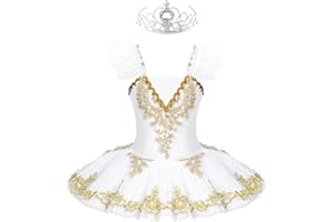 dPois Vestido Maillot de Ballet Danza para Niña Tutú Ballet Princesa Vestido Lentejuelas Brillantes + Guantes + Clip Vestido de Patinaje Artistico Disfraz Traje Bailarina