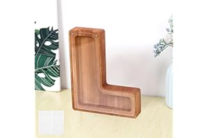 MEDOYOH Letter "L" Money Box, 23cm/9in Wooden Money Bank Alphabet Piggy Bank Coin Bank with Alphabet Stickers for Adults