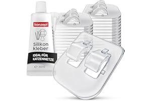 KONZEPT 50 Stück Klebehaken & Montagekleber 30ml – zur Befestigung vom Katzennetz am Balkon ohne Bohren I transparente Haken, wetterfest und für Outdoor geeignet I Fixierung auf jeder Oberfläche