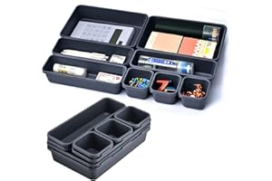 QUNKUN Organizery do szuflad, 16 sztuk, na biurko, do szuflad, ścianki działowe w 3 rozmiarach, pojemniki do przechowywania makijażu, na biurko, do łazienki, biura, kuchni (ciemnoszare, 2 szt.)