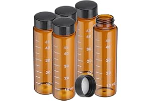 PATIKIL Kleine Glasprobeflaschen mit Deckeln, 5 Stück 50 ml Bernstein-Glasfläschchen mit schwarzen Schraubverschlüssen Mini-Leckdichte Reagenzglasflaschen mit Skala