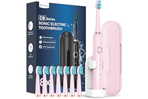 COULAX PRO Cepillos de Dientes Electricos Sónico Adultos con 8 Cabezal - Cepillo Electrico con Estuche, 5 Modos y IPX7, Una Carga por 120 Días de Uso, Cepillos de Dientes Mujer Hombres, Rosa Cereza