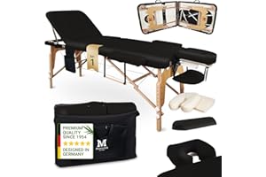 MASSUNDA - Camilla masaje plegable móvil de 3 zonas regulable en altura - Camilla estetica sólida de madera maciza - Camilla plegable con reposacabezas ergonómico, funda, reposabrazos, cojín (negro)